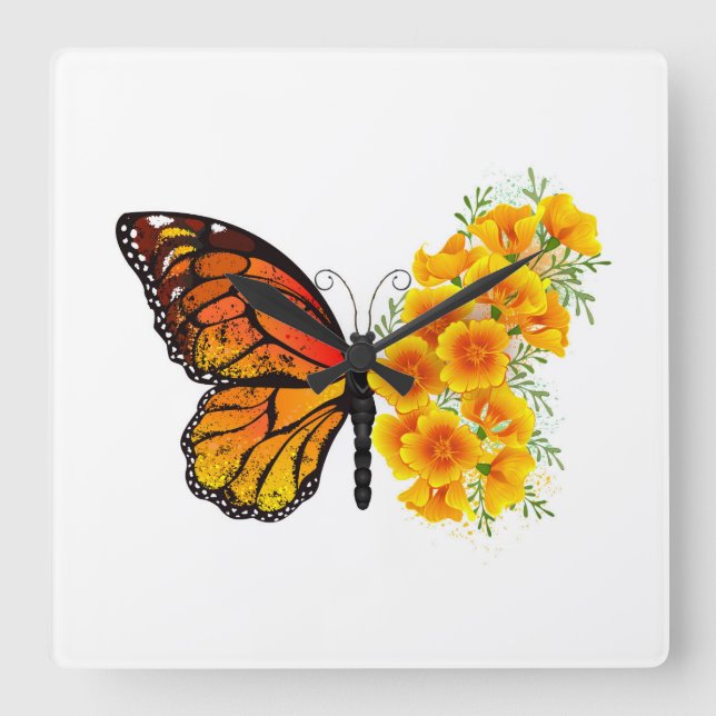 Flower Butterfly with Yellow California Poppy Square Wall Clock (Front)