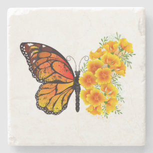 Flower Butterfly with Yellow California Poppy Stone Coaster