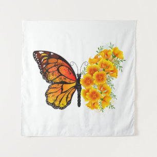 Flower Butterfly with Yellow California Poppy Tapestry