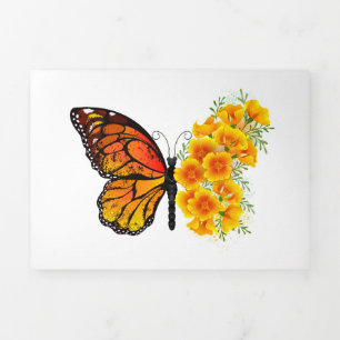 Flower Butterfly with Yellow California Poppy Tri-Fold Invitation