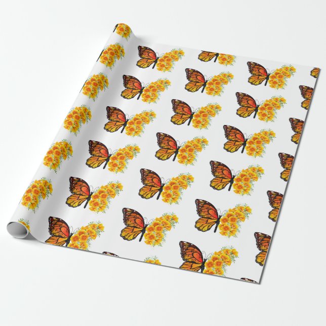 Flower Butterfly with Yellow California Poppy Wrapping Paper (Unrolled)