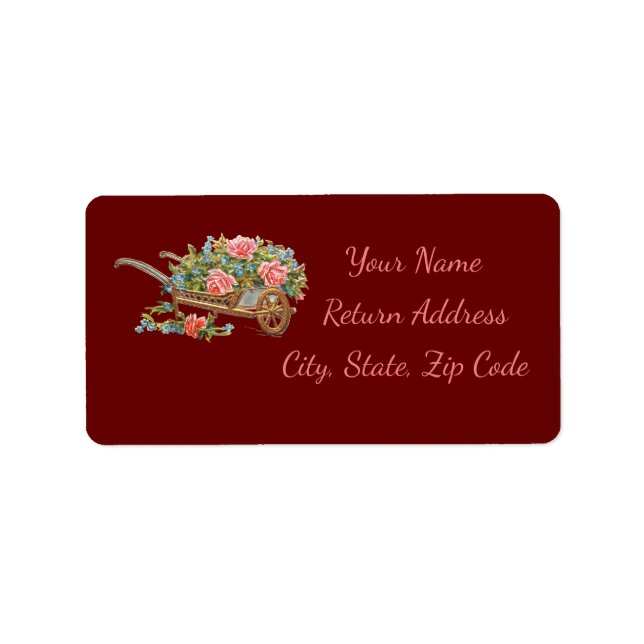 Flower Cart & Pink Flowers Burgundy  Personalize Label (Front)