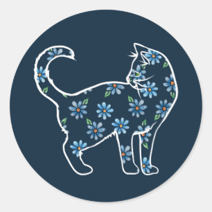 Flower Cat Blue Daisy Cats Classic Round Sticker