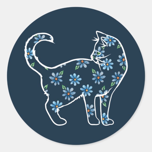 Flower Cat Blue Daisy Cats Classic Round Sticker (Front)