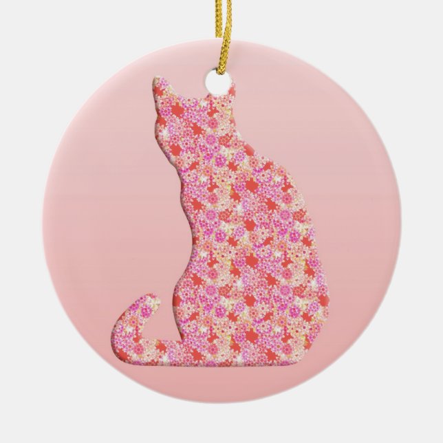Flower Cat - coral orange and pink Ceramic Ornament (Front)