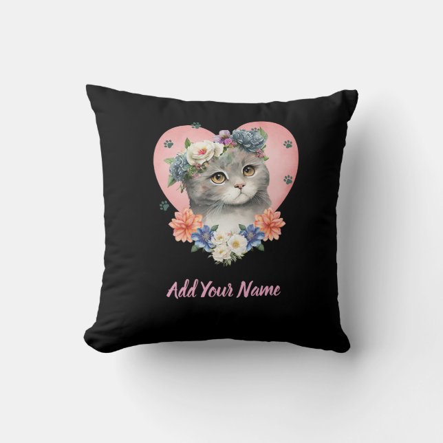 Flower Cat Throw Pillow (Front)