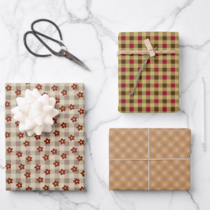 Flower & Check (Brown) + Gingham Check Wrapping Paper Sheet