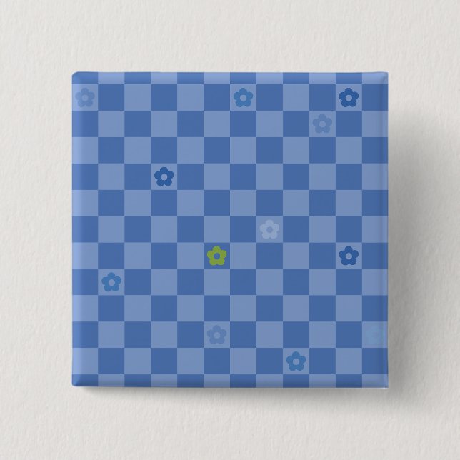Flower Checkered Pattern No. 01 - Light Blue 2 Inch Square Button (Front)