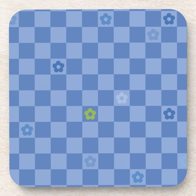 Flower Checkered Pattern No. 01 - Light Blue Coaster (Front)