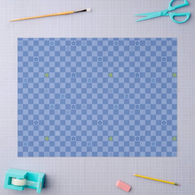 Flower Checkered Pattern No. 01 - Light Blue Tissue Paper (Craft)