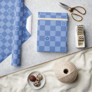 Flower Checkered Pattern No. 01 - Light Blue Wrapping Paper