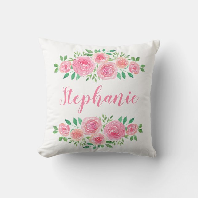 Flower Child Pink Roses Girl's Name Throw Pillow (Front)