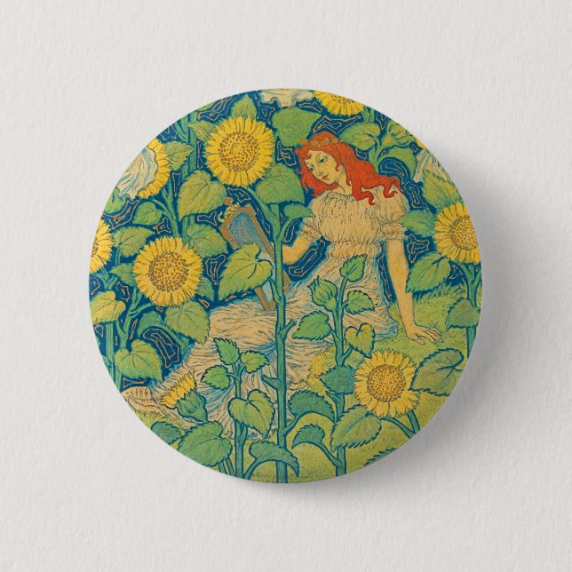 Flower Child Woman in Sunflower Garden 2 Inch Round Button (Front)