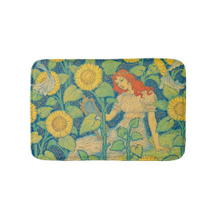 Flower Child Woman in Sunflower Garden Bath Mat