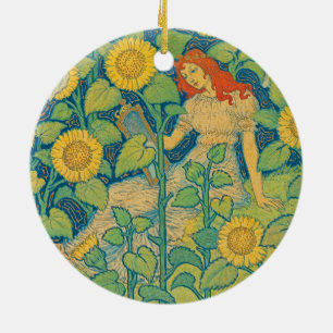 Flower Child Woman in Sunflower Garden Ceramic Ornament