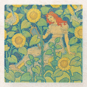 Flower Child Woman in Sunflower Garden Glass Coaster