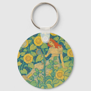 Flower Child Woman in Sunflower Garden Keychain