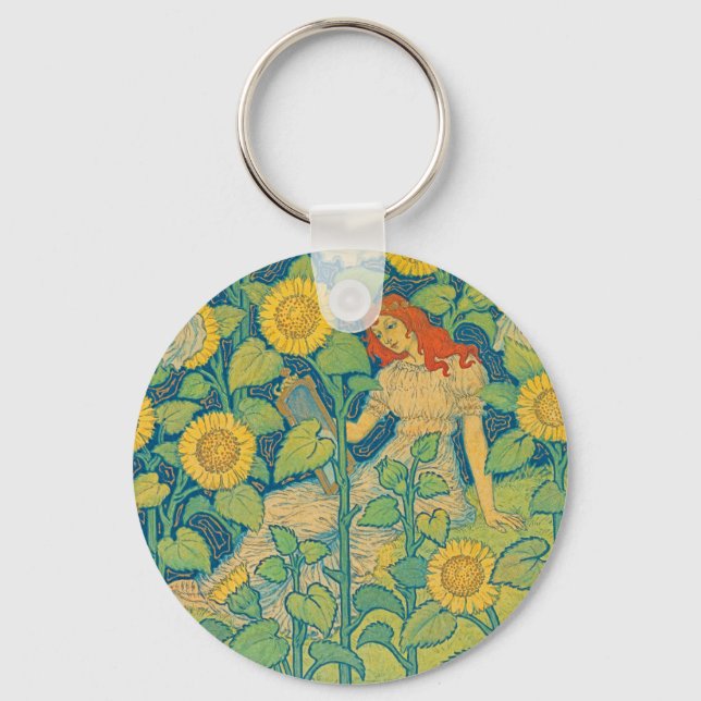 Flower Child Woman in Sunflower Garden Keychain (Front)