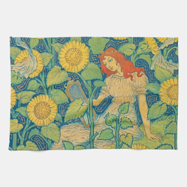 Flower Child Woman in Sunflower Garden Kitchen Towel (Horizontal)