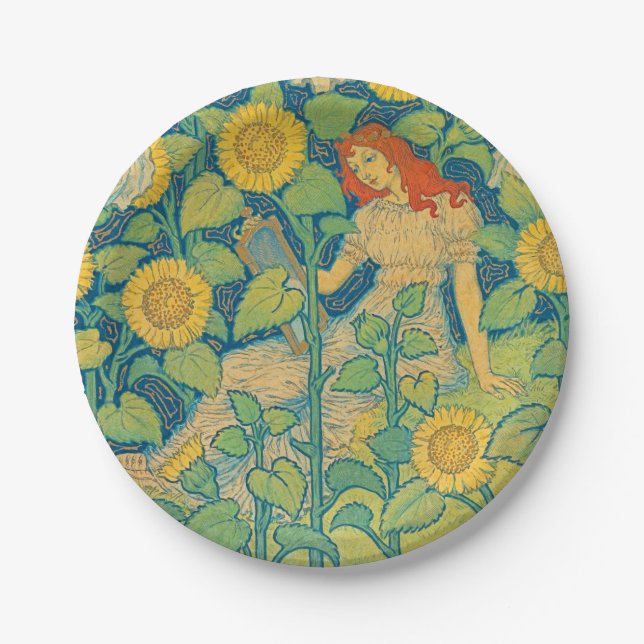 Flower Child Woman in Sunflower Garden Paper Plate (Front)