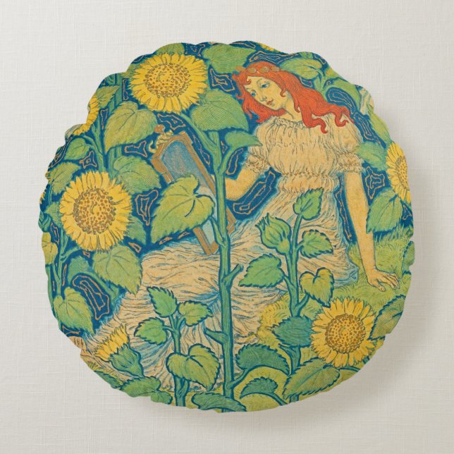 Flower Child Woman in Sunflower Garden Round Pillow (Front)