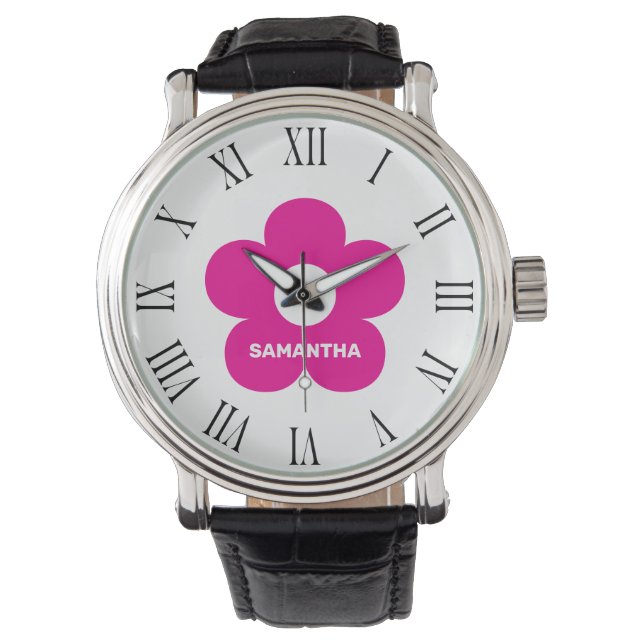 Flower Classic Black and White Pink Custom Name Watch (Front)