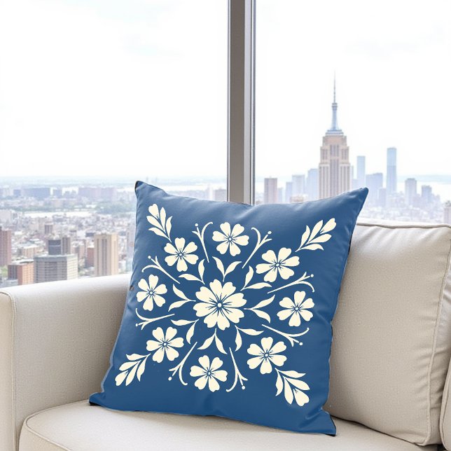 Flower Clock Medallion Navy Outdoor Pillow (Creator Uploaded)