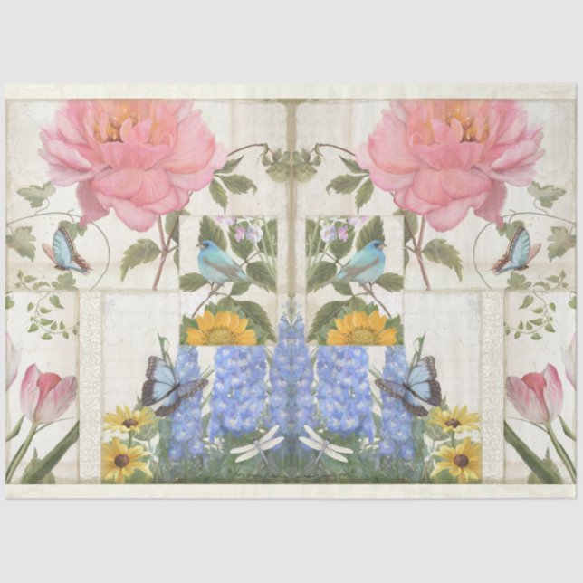 Flower Collage Blue Pink Butterfly Bird Decoupage Tissue Paper (Front)