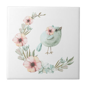 Flower Crescent with Baby Blue Bird Art Tile