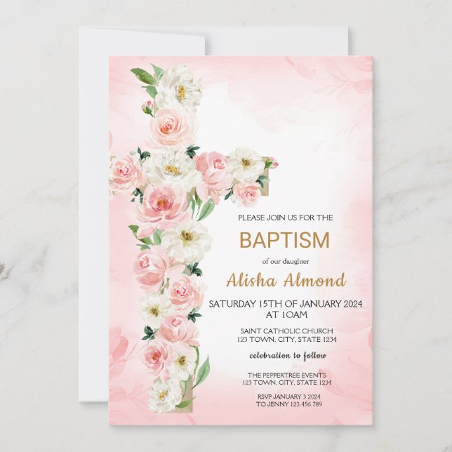 Flower Cross Baptism Invitation, Floral Christian Invitation (Front)