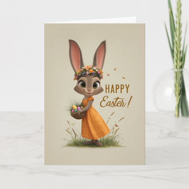 Flower-Crown Bunny in Orange Dress Easter Card (Front)
