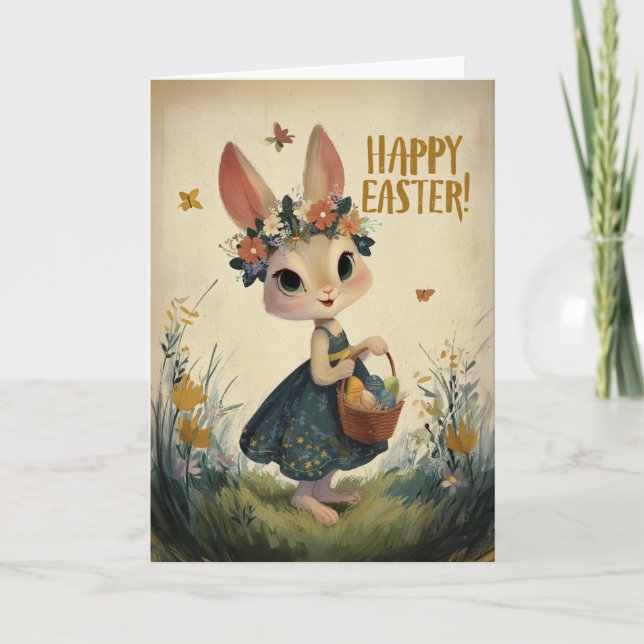Flower-Crown Easter Bunny in Spring Meadow Card (Front)