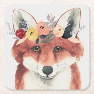 Flower Crown Forester Fox Square Paper Coaster