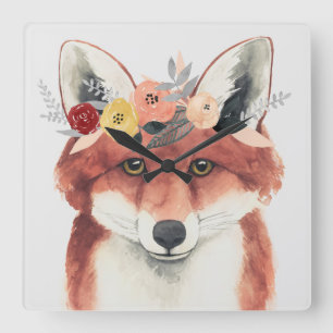 Flower Crown Forester Fox Square Wall Clock