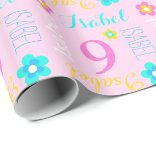 Flower custom name Isabel age 9 birthday wrap Wrapping Paper