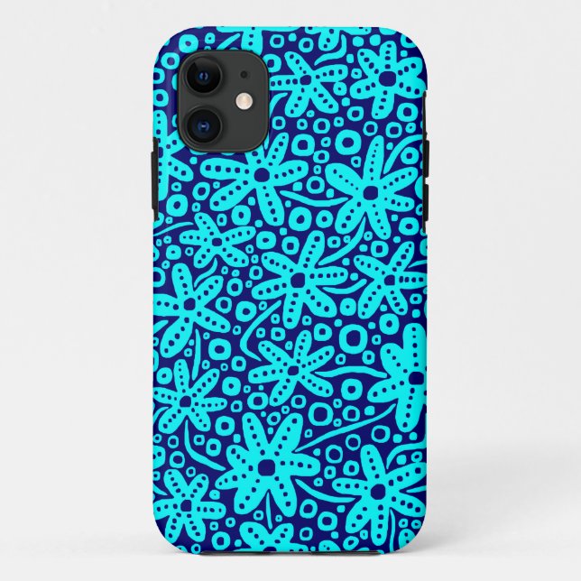 Flower Design - Cyan on Deep Navy.pdf iPhone Case (Back)