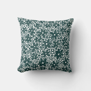 Flower Design - Dark Green on White Throw Pillow
