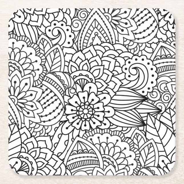 Flower Design Doodle Square Paper Coaster (Front)