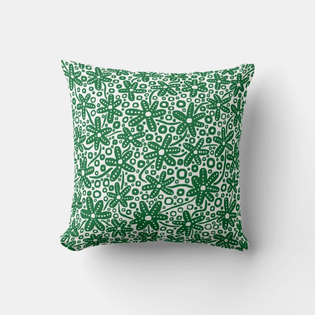 Flower Design - Forest Green on White Throw Pillow (Front)