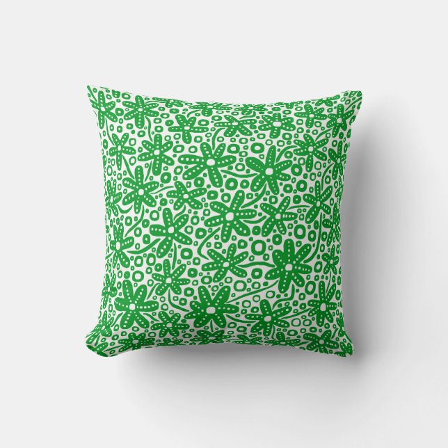 Flower Design - Grass Green on White Throw Pillow (Front)
