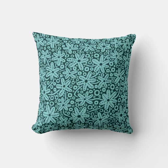 Flower Design - Lt Blue Green on Dk Green Throw Pillow (Front)
