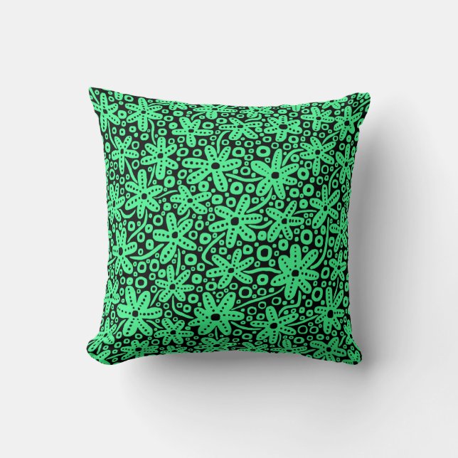 Flower Design - Mint Green on Black Throw Pillow (Front)