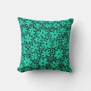 Flower Design - Turquoise on Black Throw Pillow