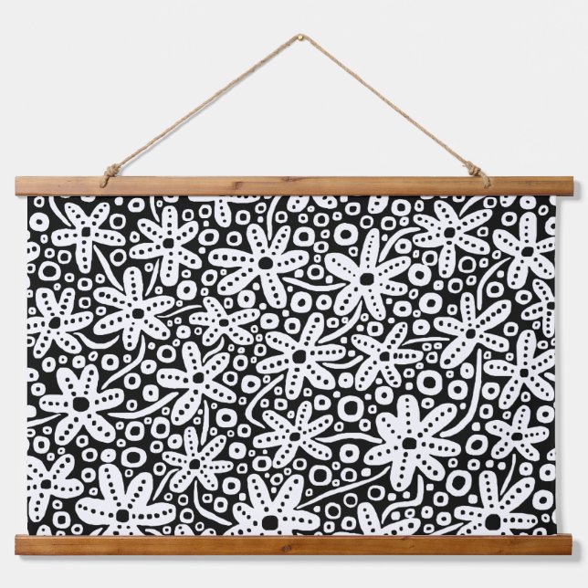 Flower Design - White on Black Hanging Tapestry (Front)