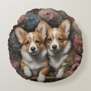 Flower Dog Breed Portraits 5 Round Pillow