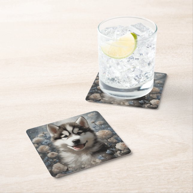 Flower Dog Breed Portraits 7 Square Paper Coaster (Insitu)
