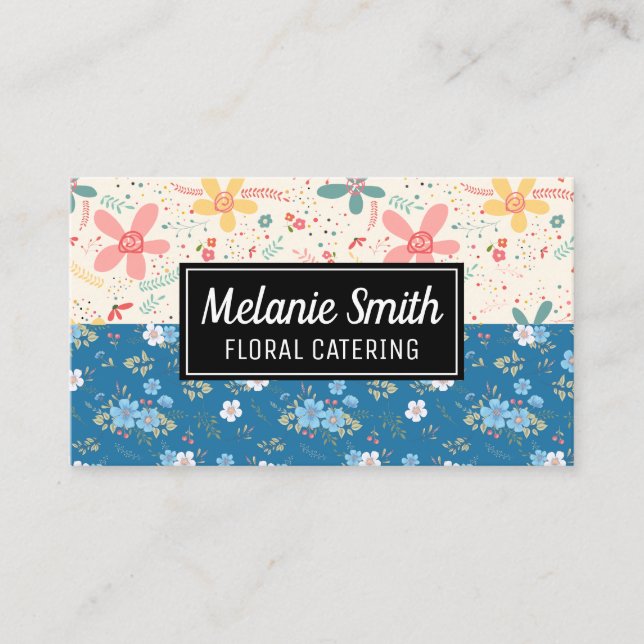 Flower Doodles | Blue White Flowers Business Card (Front)