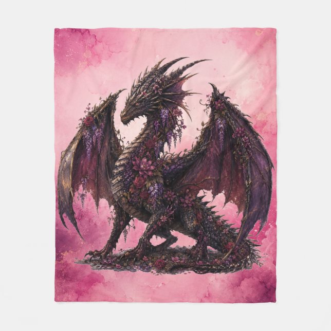 Flower Dragon | Botanical Fantasy Dragon Fleece Blanket (Front)