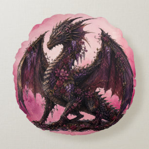 Flower Dragon   Botanical Fantasy Dragon Round Pillow