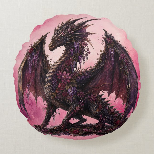 Flower Dragon | Botanical Fantasy Dragon Round Pillow (Front)